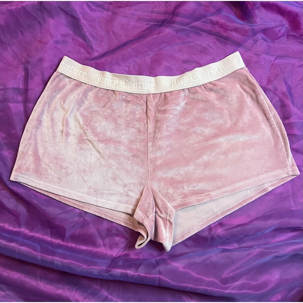 Juicy Couture Pink Velour Sleep Shorts Rhinestone Logo Pajama Bottoms Womens L - Picture 2 of 6